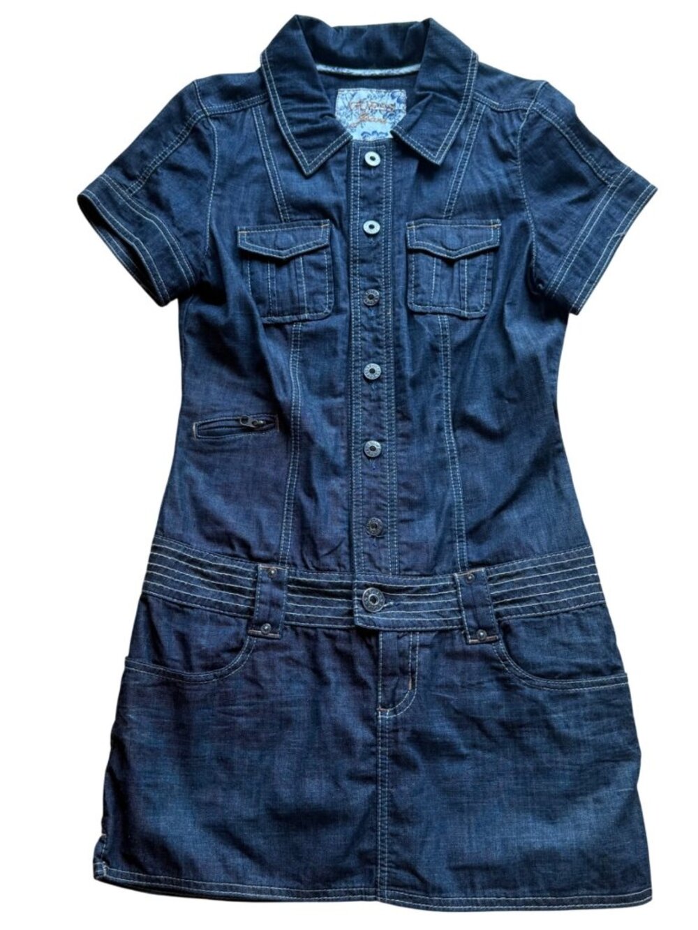 Vintage Guess Jeans Women's Mini Dress L Blue Denim Button Front Short Sleeve
